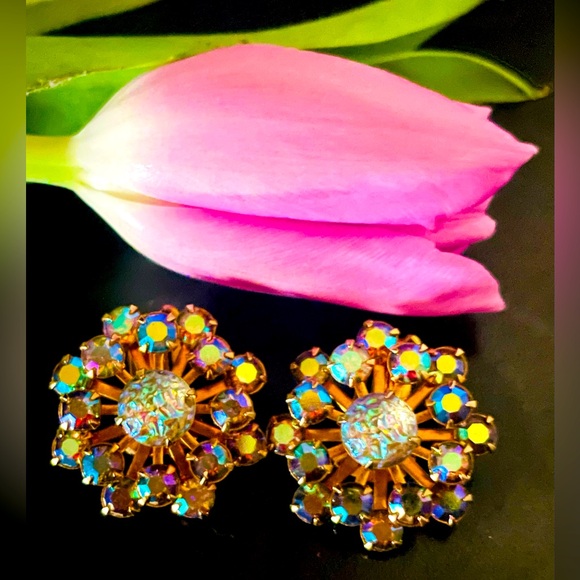 Gold and Aurora Borealis Rhinestone Starburst Clip Earrings - Picture 13 of 13